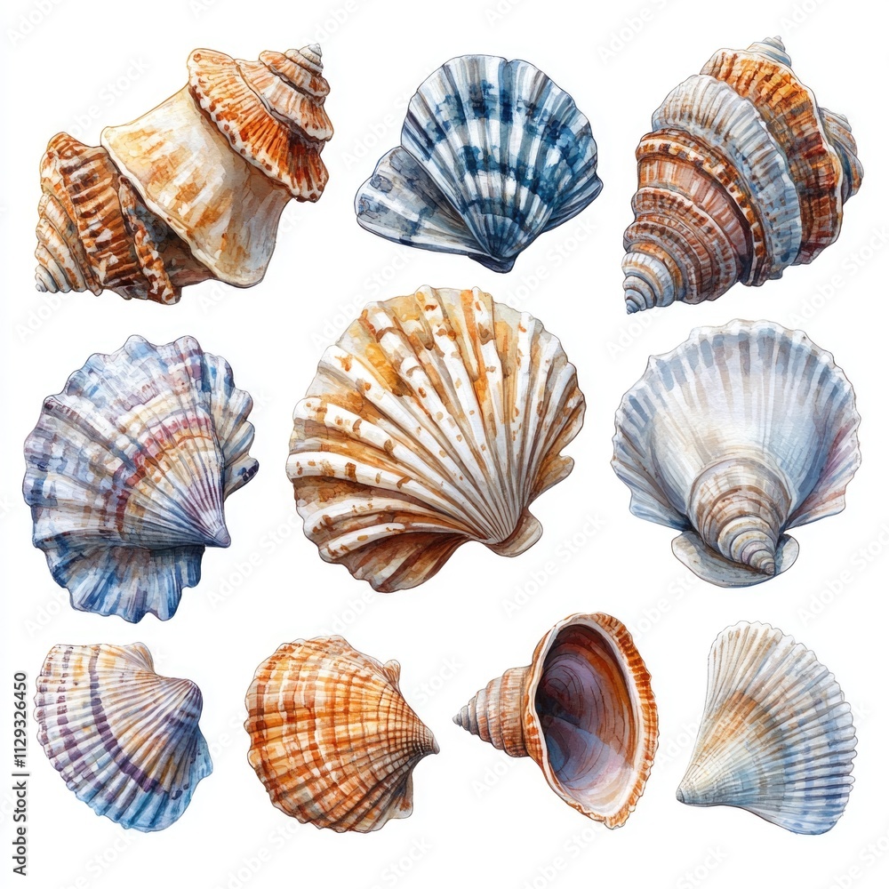 Poster a collection of seashells on a white background, perfect for designs and projects