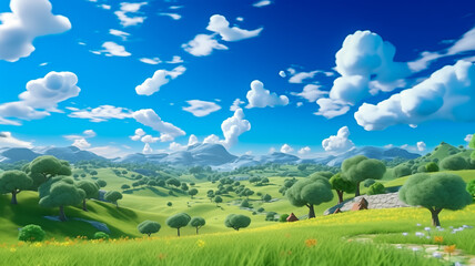 3D Animated Cartoon Grass and Sky Landscape with Bright Colors and Playful Animation