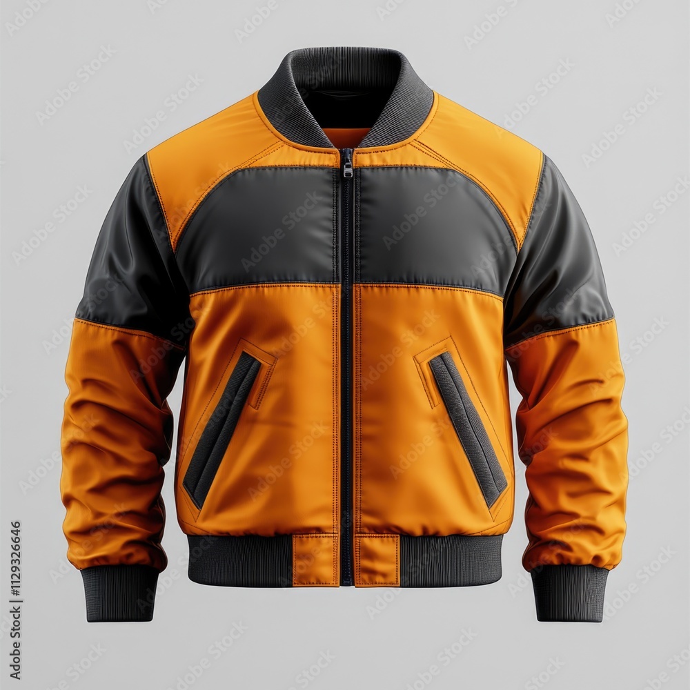 Poster a close-up of an orange and black jacket on a gray background
