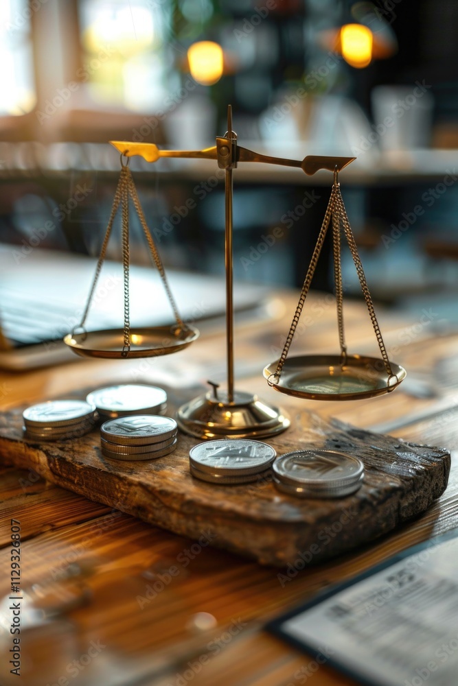 Poster a scale with coins on top sits on a table, ready for use