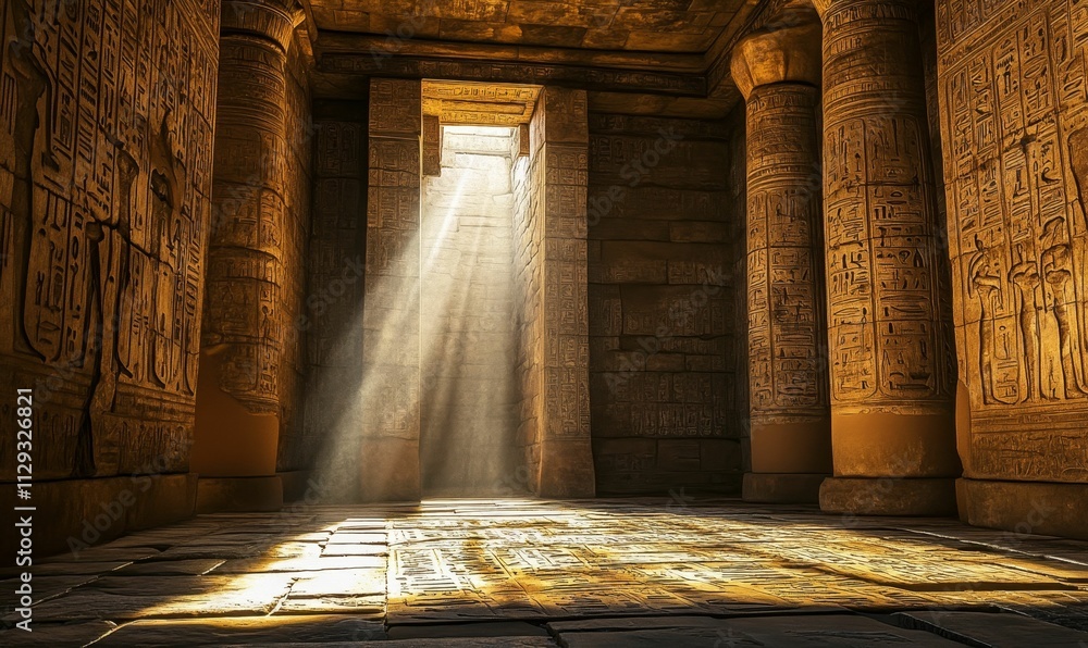 Wall mural Ancient stone chamber, sunlight, hieroglyphs, columns.