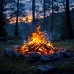 Naklejka premium A campfire burning brightly in the heart of a dense forest, surrounded by trees and foliage