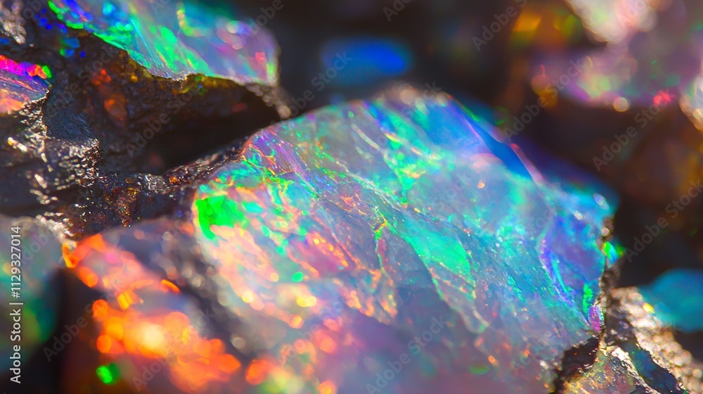 Poster macro close up of a rough opal stone showing iridescent play of color with green, orange and blue to