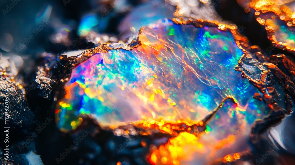 Poster macro photograph highlighting the mesmerizing play of color in a vibrant opal gemstone, embedded in 