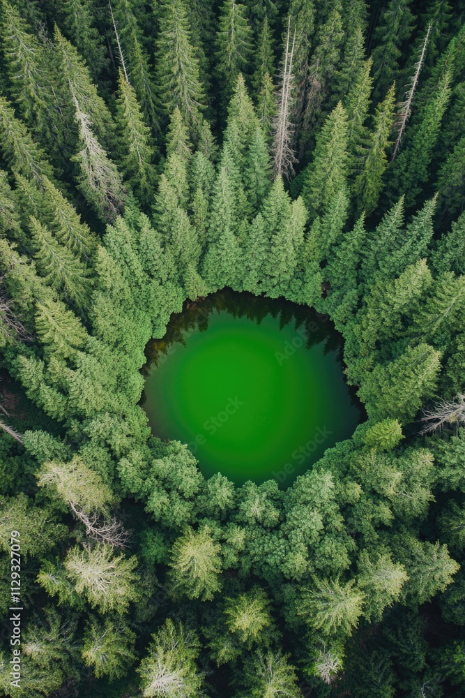 Poster a serene lake surrounded by lush trees in a dense forest