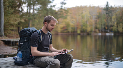 A 30-year-old man sits on a dock by the lake, using a tablet with a backpack beside him, surrounded by autumn foliage reflecting on the calm water