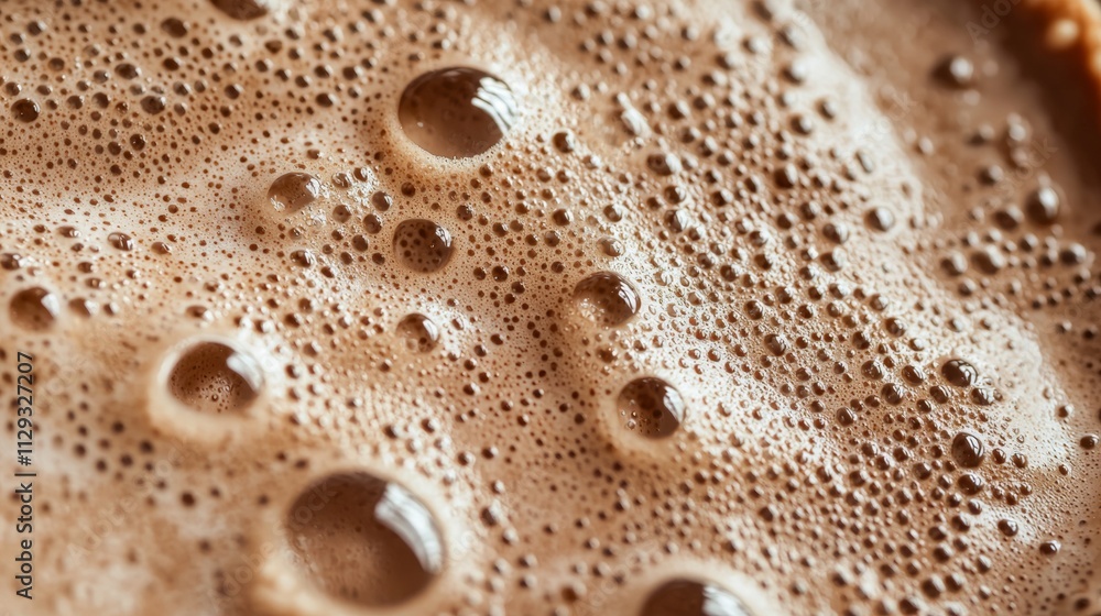Poster close-up view capturing the frothy surface of hot chocolate, highlighting the intricate patterns of 
