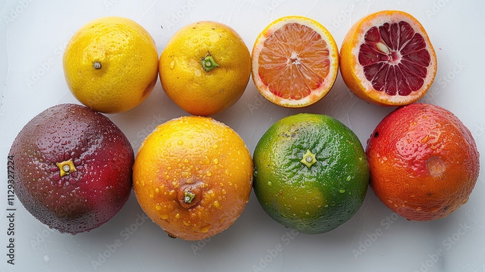 Poster a group of citrus fruits arranged together on a surface, ideal for use in still life or food photogr