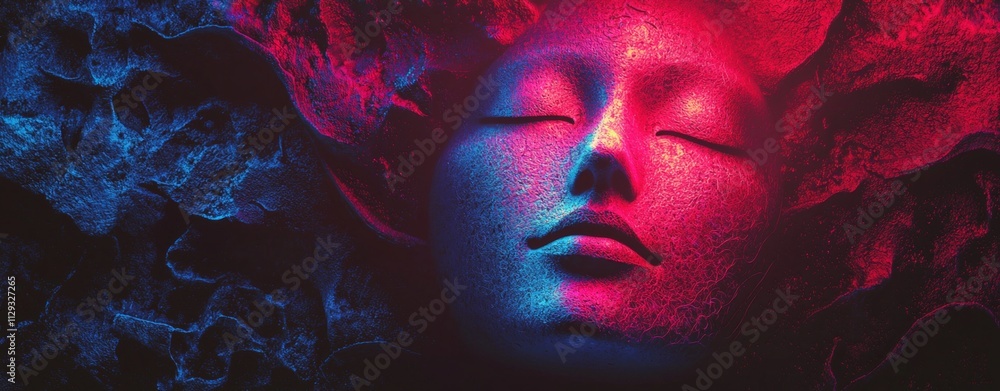 Poster artistic representation of a face with closed eyes. partially submerged in a vibrant. textured backd