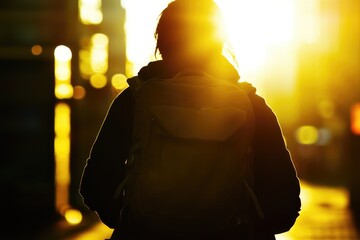 A person walking down the street with a backpack, useful for travel or adventure related content