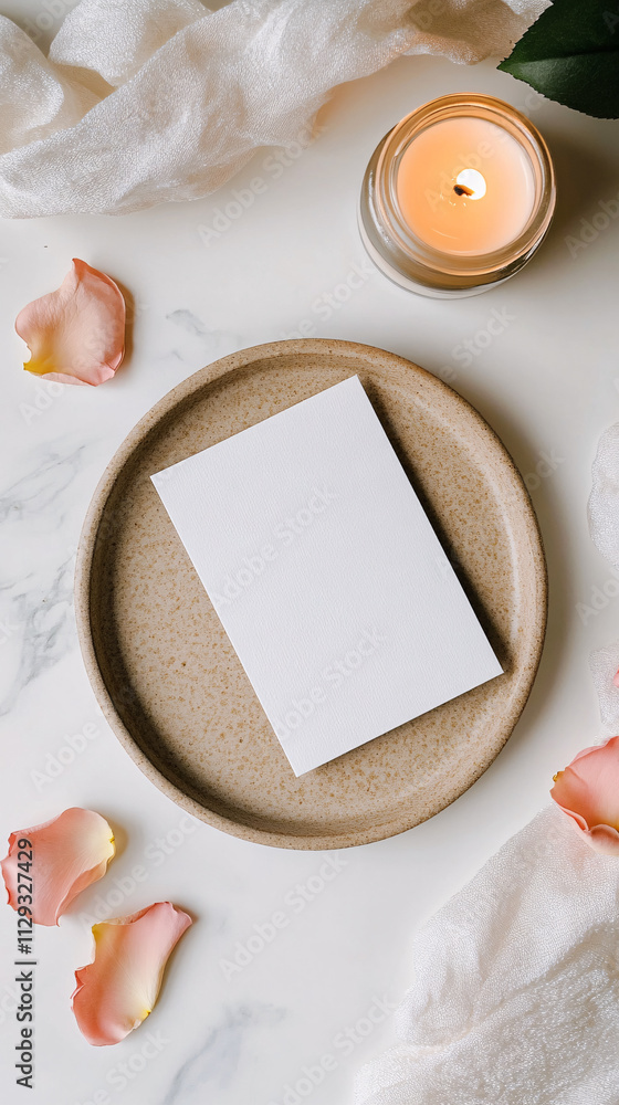 Poster a blank card is propped up on a ceramic tray surrounded by soft petals and a lit candle creating a s
