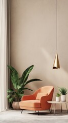 Modern and stylish living room interior featuring an orange armchair, lush green plants, a minimalist coffee table, and a contemporary pendant light, creating a cozy and inviting atmosphere