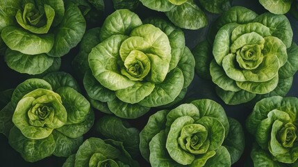 Fototapeta premium Fresh, vibrant green lettuce heads arranged beautifully, showcasing their intricate leaf patterns against a dark background.