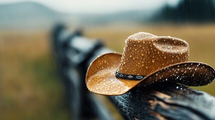 Cowboy hat resting on a wooden fence in the rain-soaked countryside during a moody afternoon