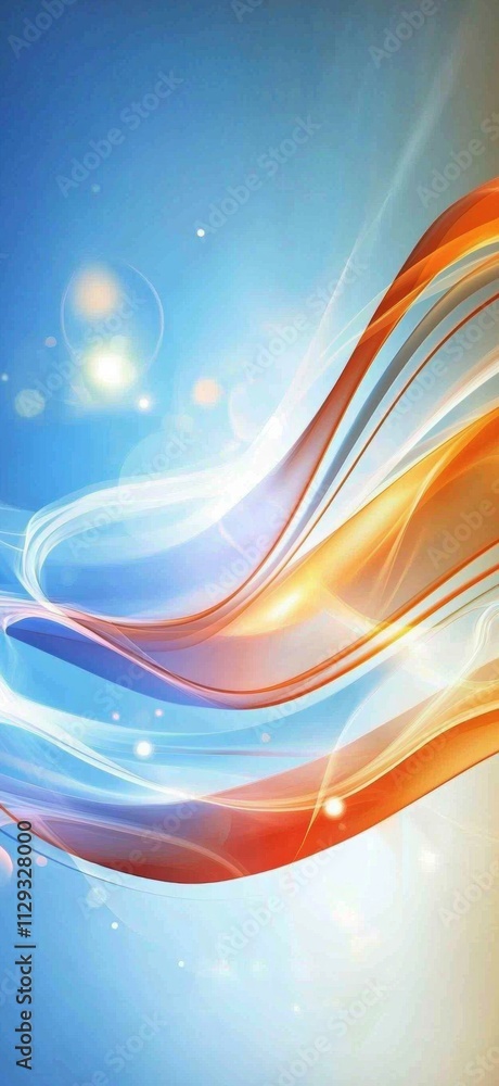 Poster smooth curves of orange and white light gracefully flowing across a vibrant blue backdrop, creating 