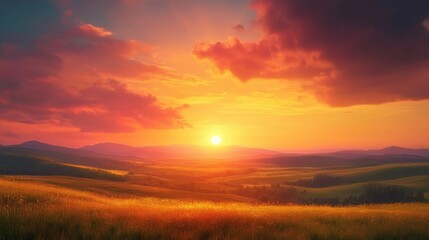 Obraz premium Sunset over rolling hills, golden field.