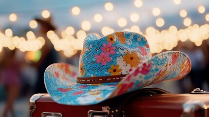 Colorful cowboy hat resting on vintage suitcase at a lively outdoor event during sunset