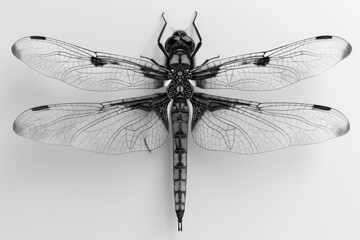 A close-up shot of a dragonfly in monochrome tones