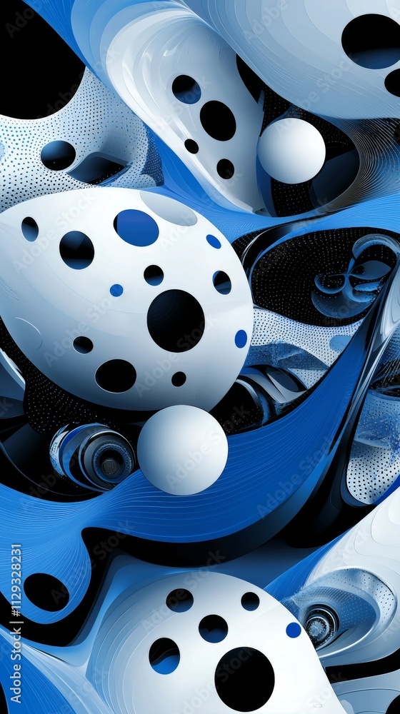 Poster complex interplay of shapes and colors forming an abstract futuristic design with spheres, dots, and