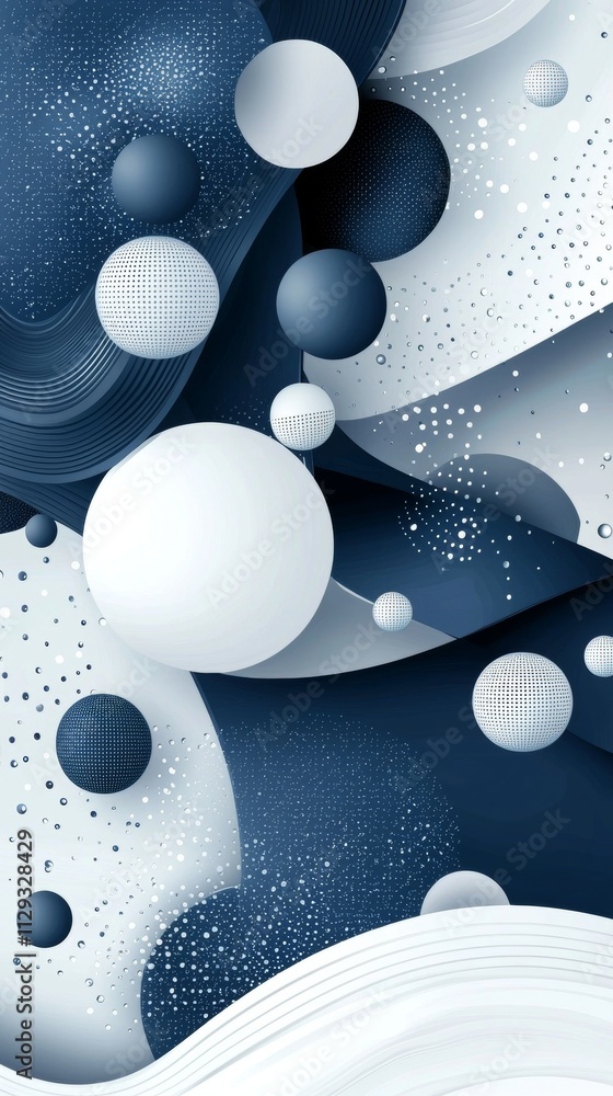 Poster modern abstract composition featuring floating spheres of various sizes and textures, combined with 