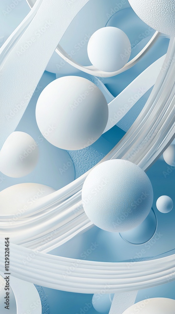 Poster smooth spheres and elegant ribbons floating and intertwining in a pastel blue space create a harmoni
