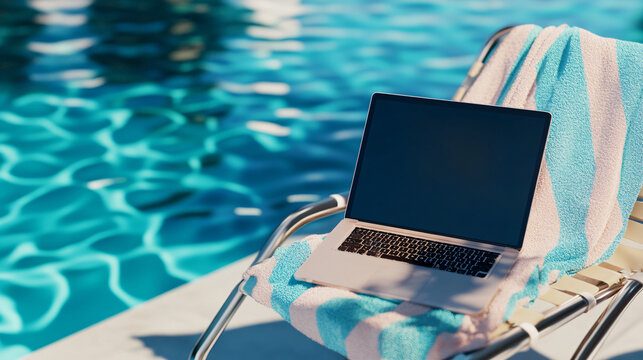 A blank laptop screen set on a poolside lounge chair with a colorful striped towel and shimmering blue water in the background