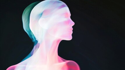 Futuristic female profile glowing with light trails on a black background, symbolizing artificial intelligence, virtual reality, and the merging of technology with humanity