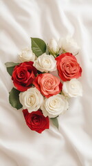 Obraz premium Red and white roses, beautifully arranged in a bouquet with lush green leaves, Valentines day banner
