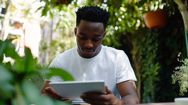 A young african american man sits outdoors focused on a tablet surrounded by greenery in a serene setting