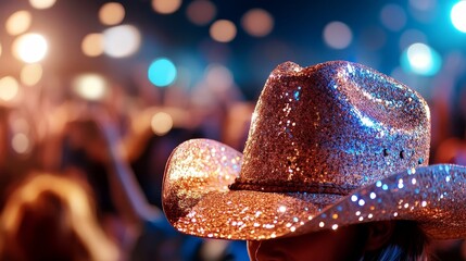 Shimmering cowboy hat shines at vibrant country music festival at night