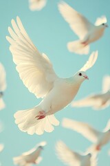 Obraz premium Graceful white doves in flight against a serene blue sky