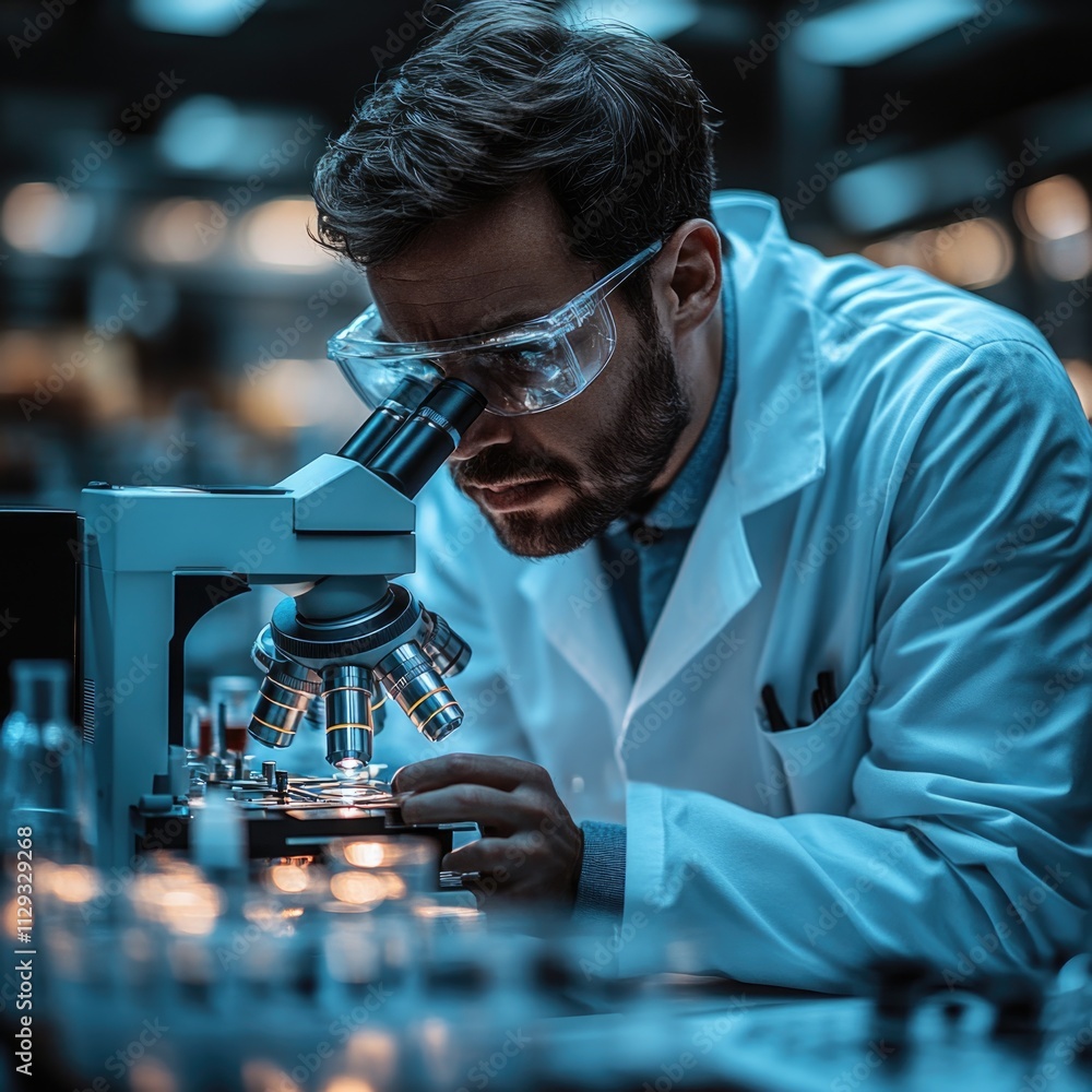 Poster a scientist in a lab coat looks at a microscopic slide