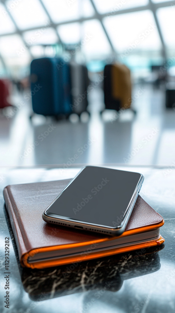 Poster a close-up of a smartphone with a blank screen resting on a leather notebook at an airport, surround