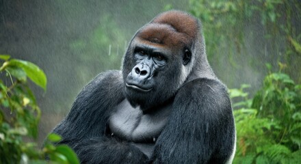 Majestic gorilla in rainforest setting highlighting wildlife and nature conservation