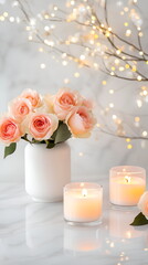 Roses and candles, a small cluster of roses in a vase surrounded by tea light candles, celebration banner