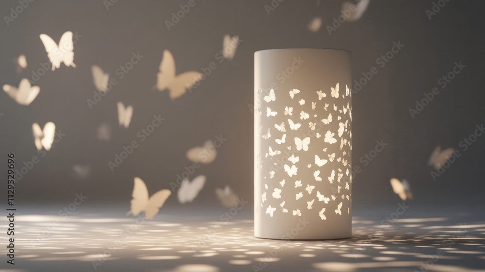 Poster illuminated lamp with butterfly cutouts casting soft light and shadows, surrounded by floating butte