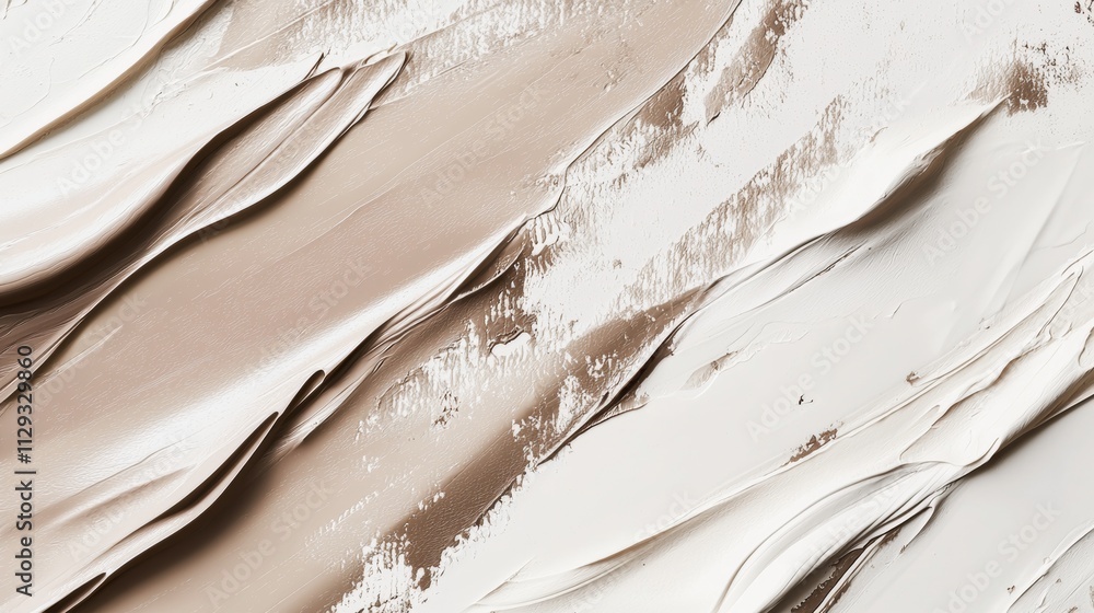 Poster thick strokes of beige and white acrylic paint intertwining to form an abstract pattern, creating a 