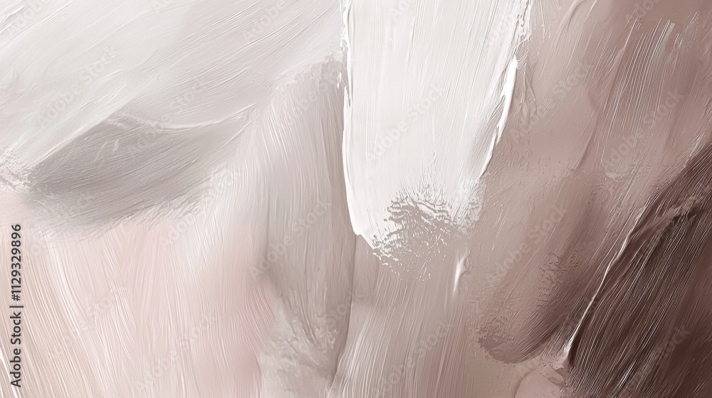 Poster Thick brushstrokes of white and brown oil paint blend together, creating an abstract textured background with a dynamic sense of movement and depth