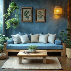 Cozy living room with wooden sofa and indoor plants in modern bohemian style