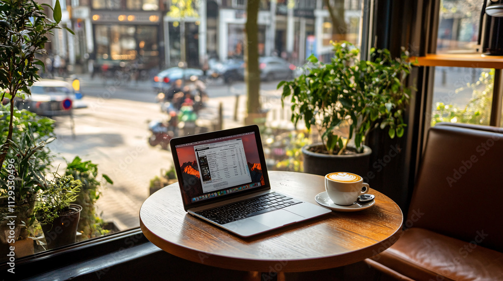 Poster a minimalistic scene showcasing a small round table with a laptop and a cup of coffee near a large w
