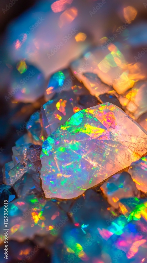 Poster macro photograph capturing an opal gemstone, revealing captivating rainbow colors and a stunning bok
