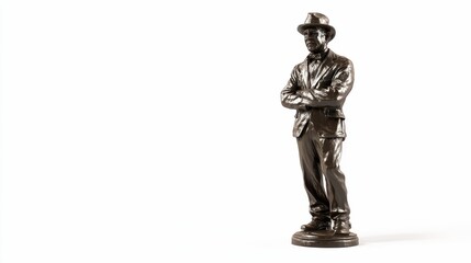 Bronze statue, man, hat, arms crossed, standing.