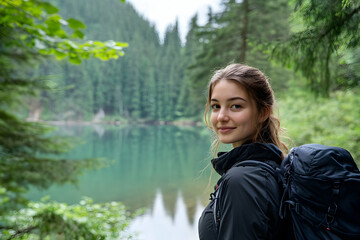 Young woman wearing a black jacket, hiking through a green forest near a serene lake .4k image