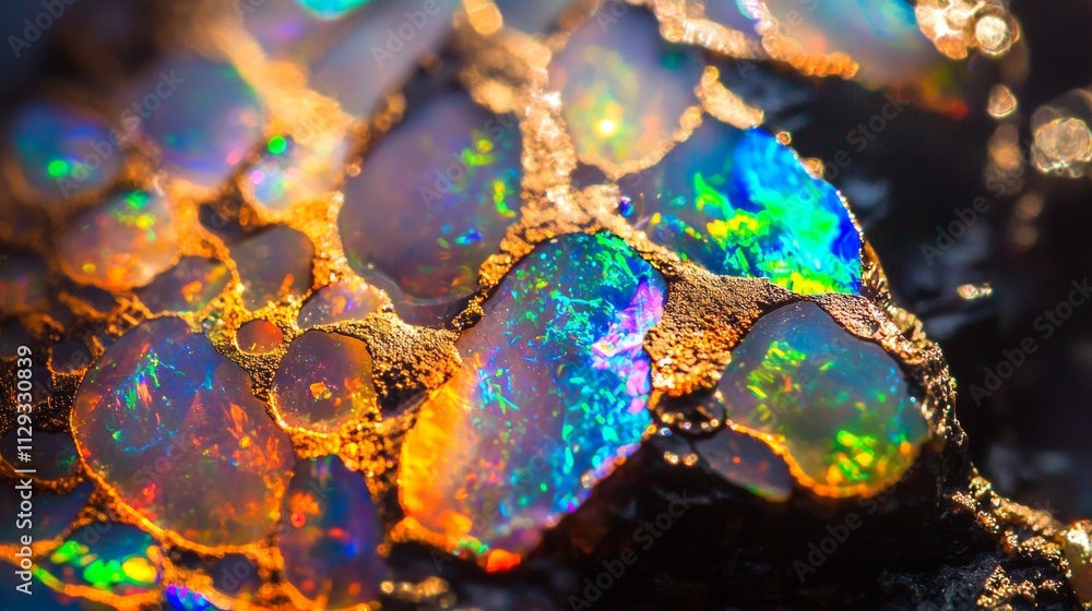 Poster beautiful and precious macro opal gemstone showing vivid and vibrant iridescent colors with gold inc