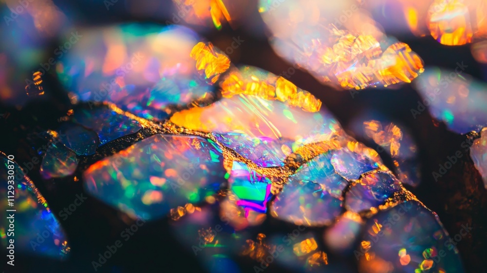 Poster macro close up of colorful rough opal stone showing vibrant rainbow colors with play of color effect