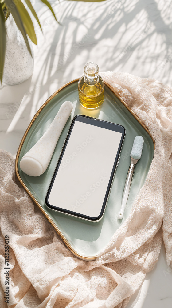 Poster a smartphone mockup featuring a blank display rests on a stylish tray surrounded by skincare product