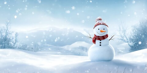 Fototapeta premium Snowman at sunset on snowy landscape, joyful winter scene. Holiday and seasonal concept 