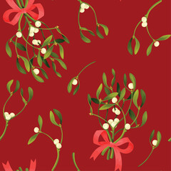 Seamless pattern with mistletoe on red background.