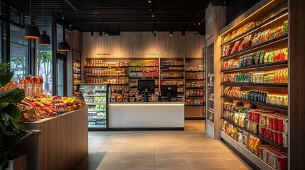 Modern grocery store interior: organized shelves and warm lighting ambiance