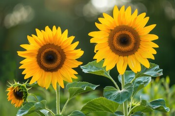 Fototapeta premium Two bright yellow sunflowers growing amidst lush green leaves in a sunny field
